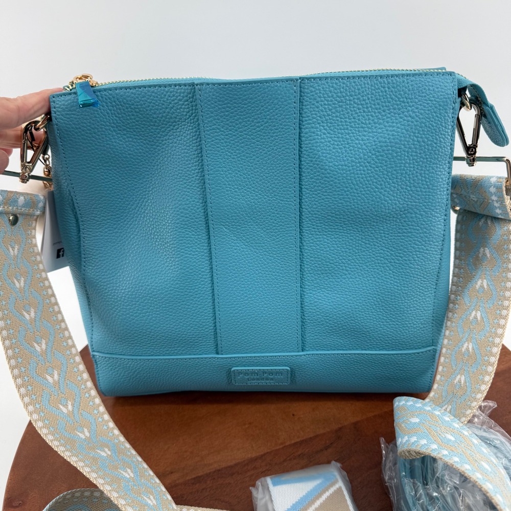 Pom Pom London Westminster Leather Crossbody Messenger Bag Cabana Blue